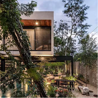 Modern house exterior with large windows
