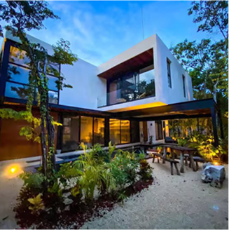 Evening view of modern house with lighting