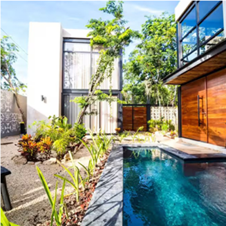 Outdoor pool area with tropical plants